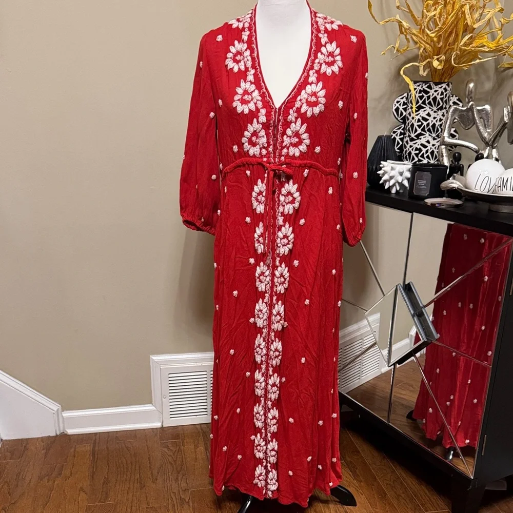 Free People Rock n Roll Red Maxi Boho Dress Size M pre-owned. - Picture 4 of 9